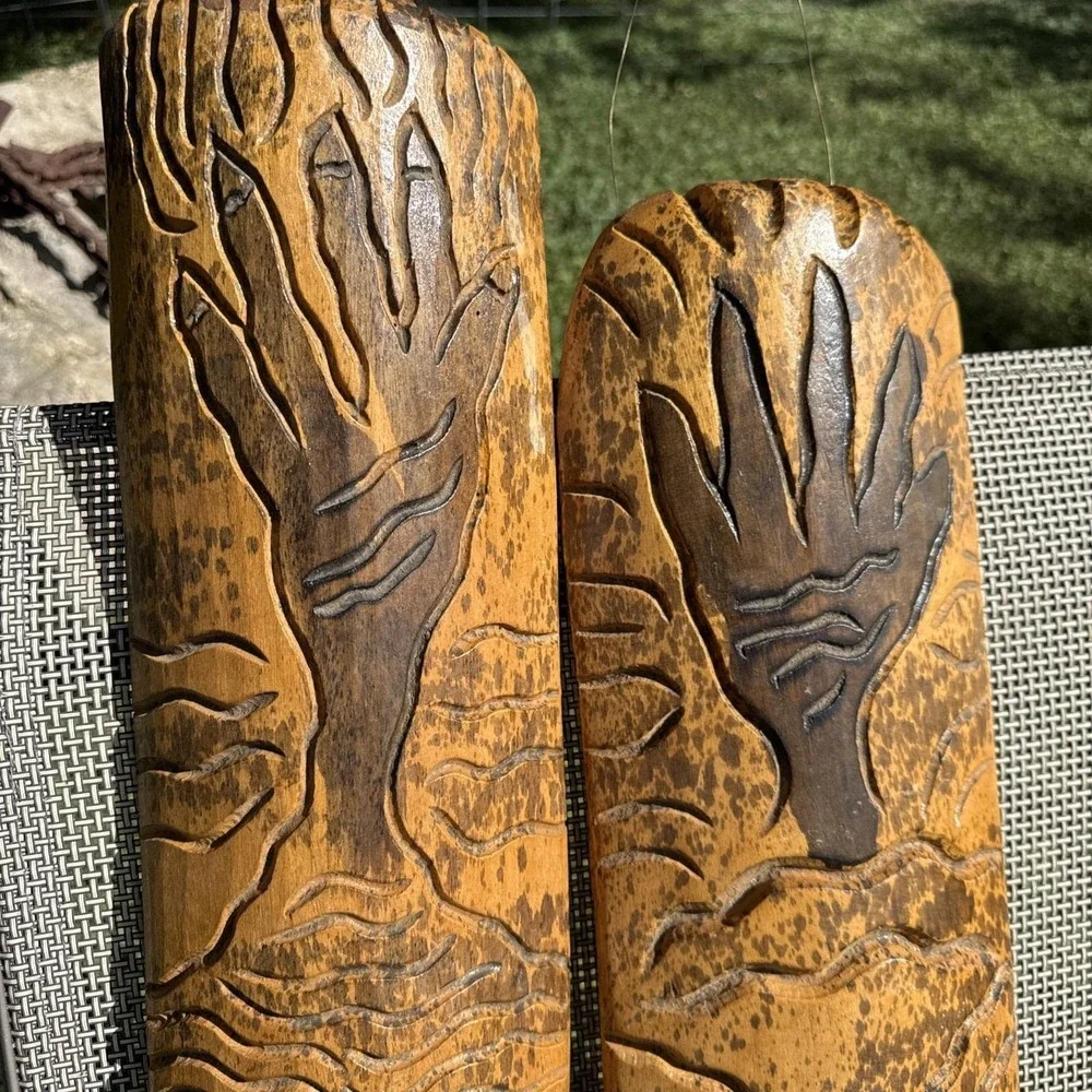 VTG Hand Carved Wood Tribal Wall Plaques Pair 36